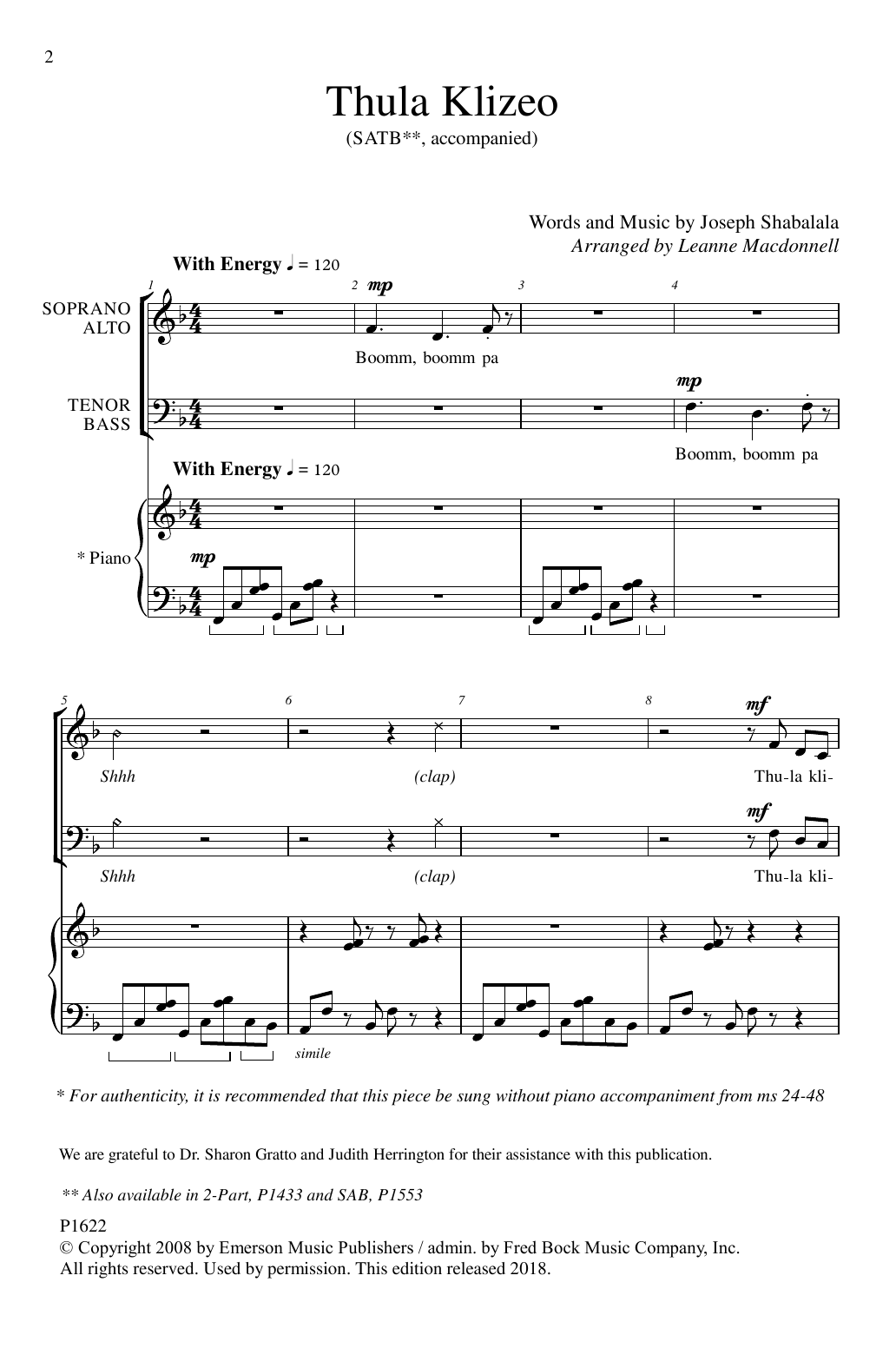 Download Joseph Shabalala Thula Klizeo Sheet Music and learn how to play SATB Choir PDF digital score in minutes