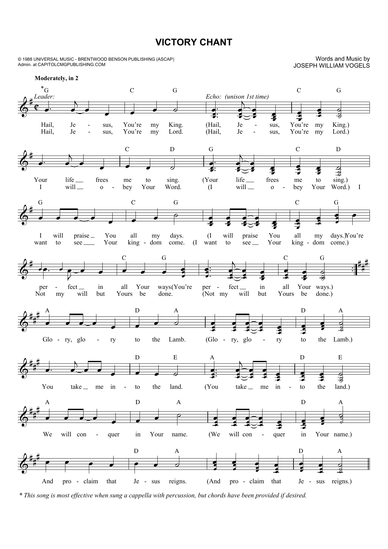 Download Joseph Williams Vogels Victory Chant Sheet Music and learn how to play Melody Line, Lyrics & Chords PDF digital score in minutes