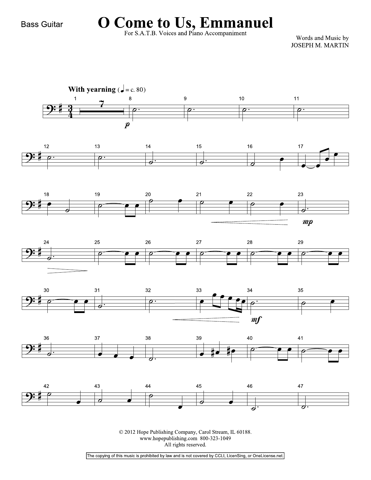 Joseph M Martin O Come To Us Emmanuel Bass Guitar Sheet Music Notes Download Printable 