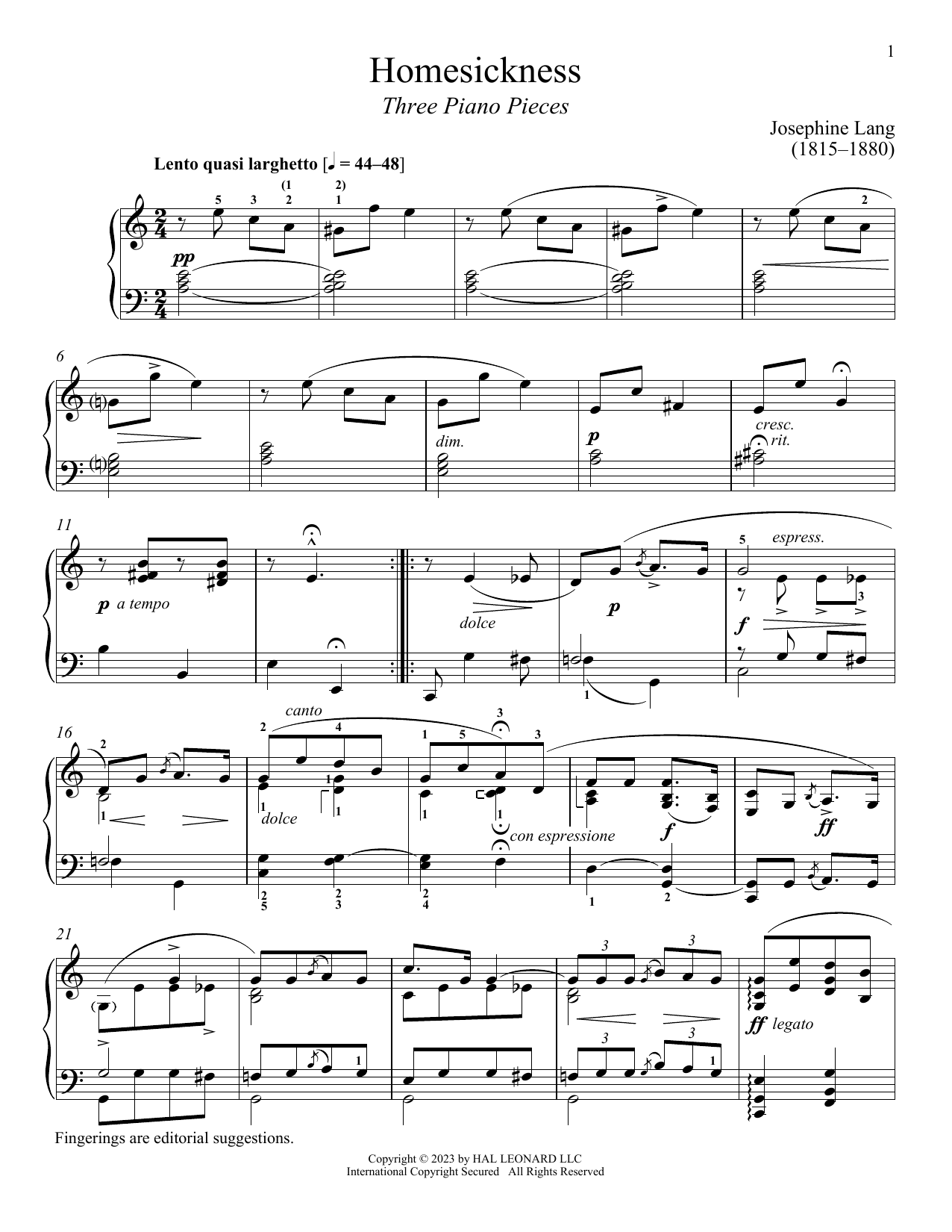 Download Josephine Lang Homesickness Sheet Music and learn how to play Piano Solo PDF digital score in minutes