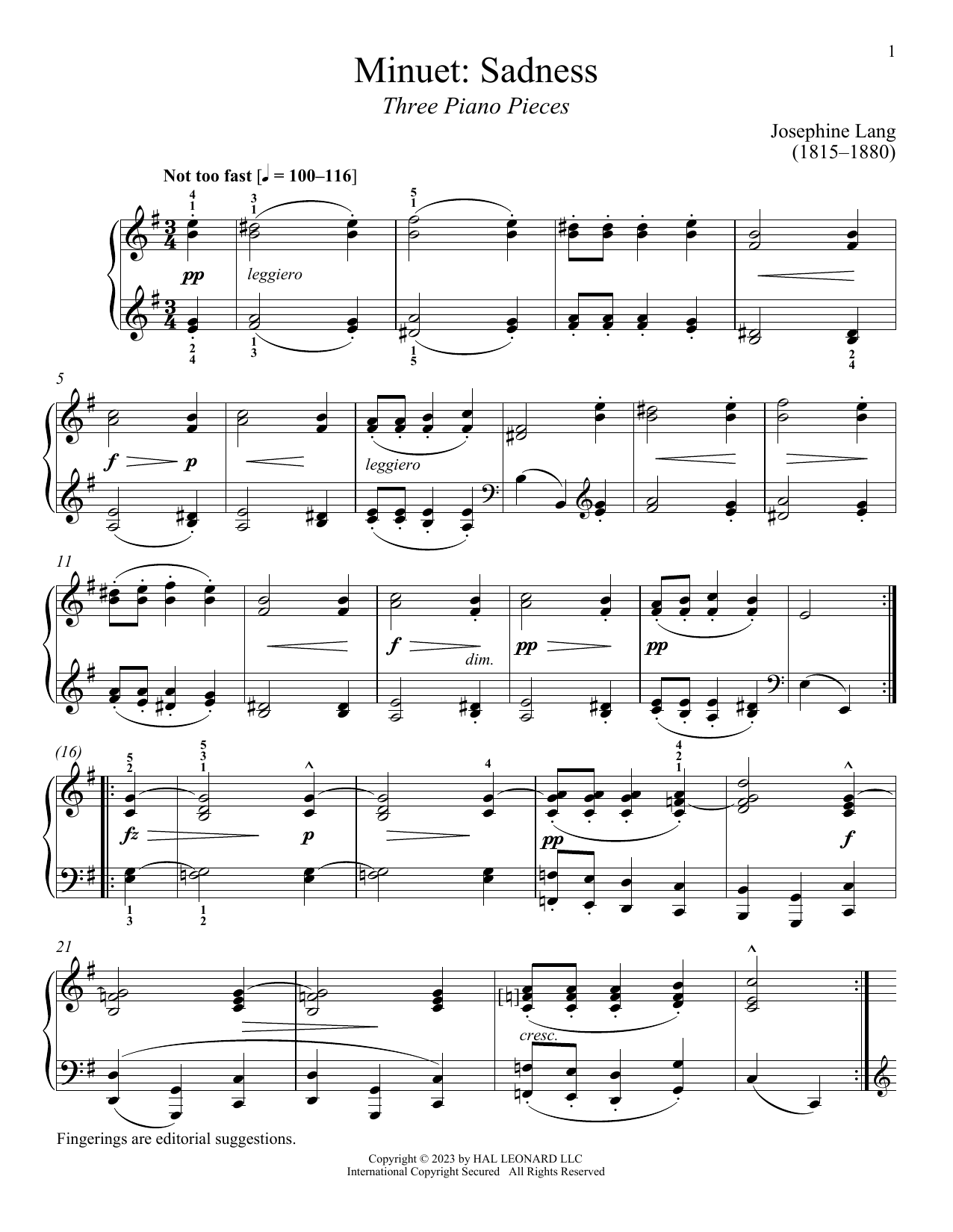 Download Josephine Lang Minuet: Sadness Sheet Music and learn how to play Piano Solo PDF digital score in minutes