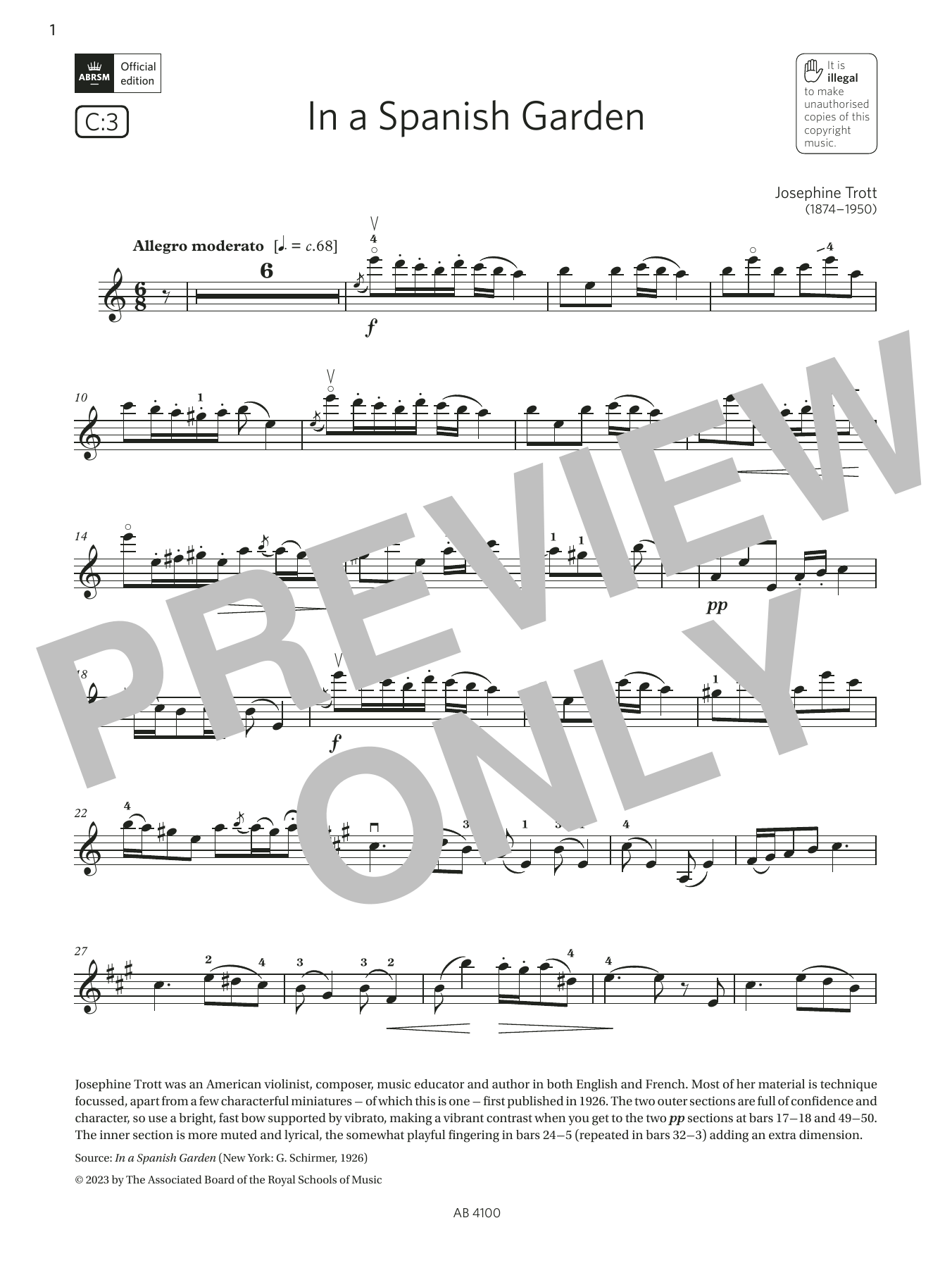 Download Josephine Trott In a Spanish Garden (Grade 6, C3, from the ABRSM Violin Syllabus from 2024) Sheet Music and learn how to play Violin Solo PDF digital score in minutes