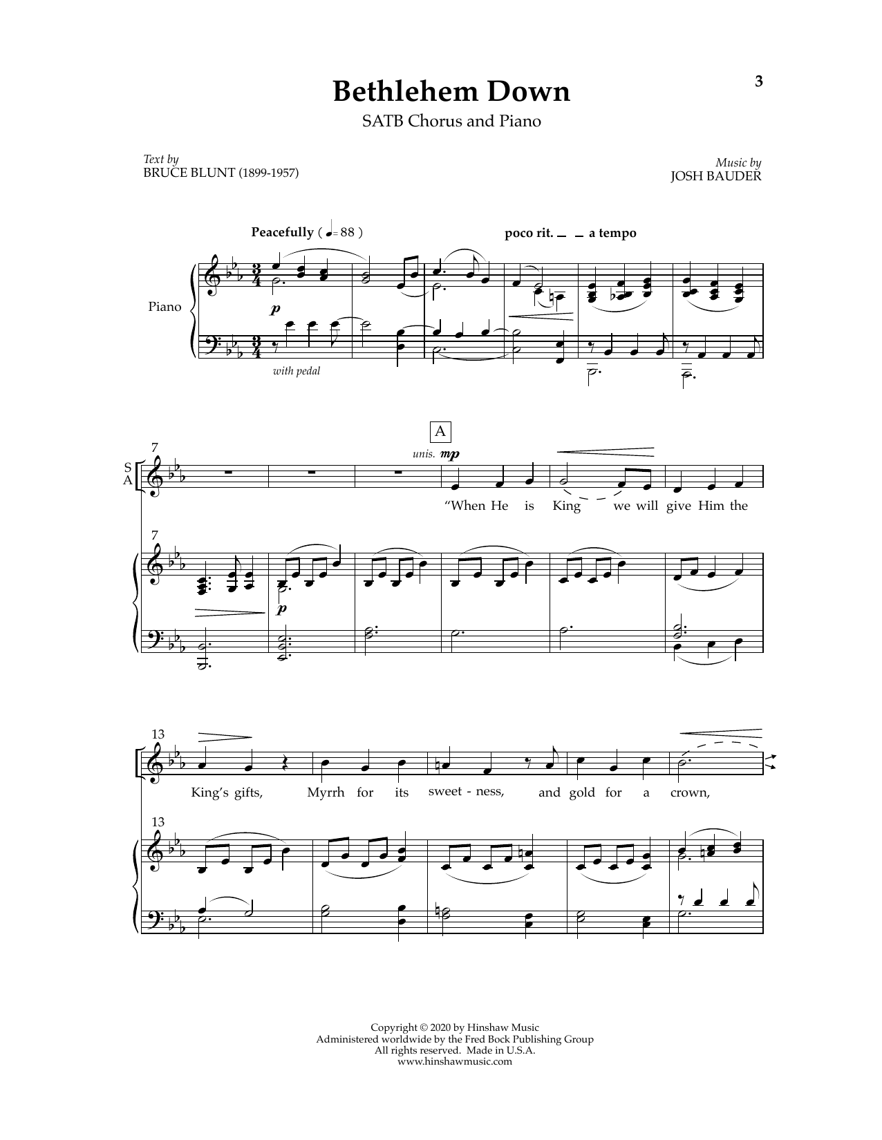 Download Josh Bauder and Bruce Blunt Bethlehem Down Sheet Music and learn how to play SATB Choir PDF digital score in minutes