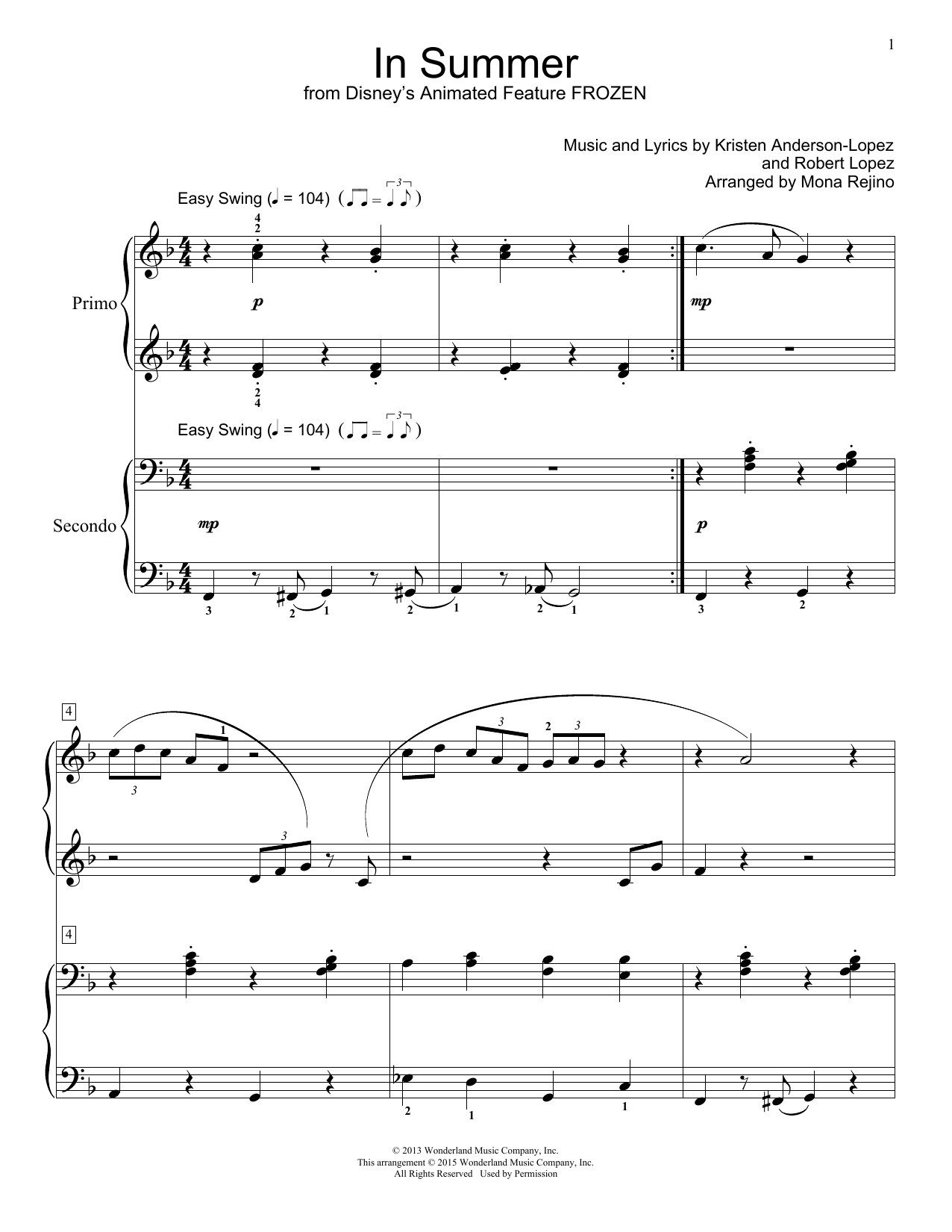 Download Kristen Anderson-Lopez In Summer Sheet Music and learn how to play Piano Duet PDF digital score in minutes