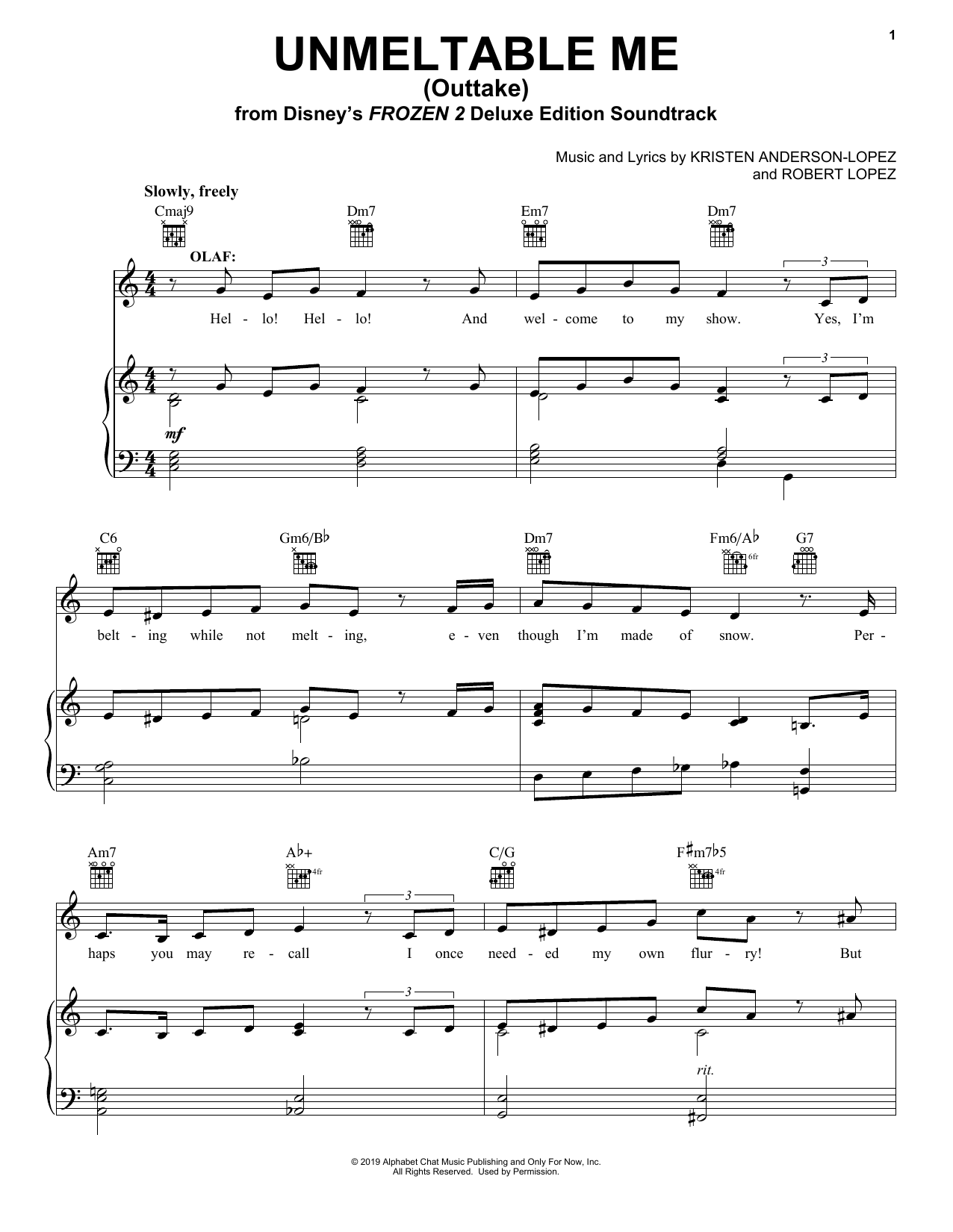 Download Josh Gad Unmeltable Me - Outtake (from Disney's Frozen 2) Sheet Music and learn how to play Piano, Vocal & Guitar Chords (Right-Hand Melody) PDF digital score in minutes