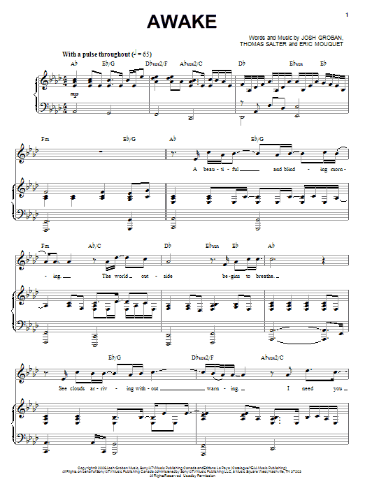 Download Josh Groban Awake Sheet Music and learn how to play Piano, Vocal & Guitar (Right-Hand Melody) PDF digital score in minutes