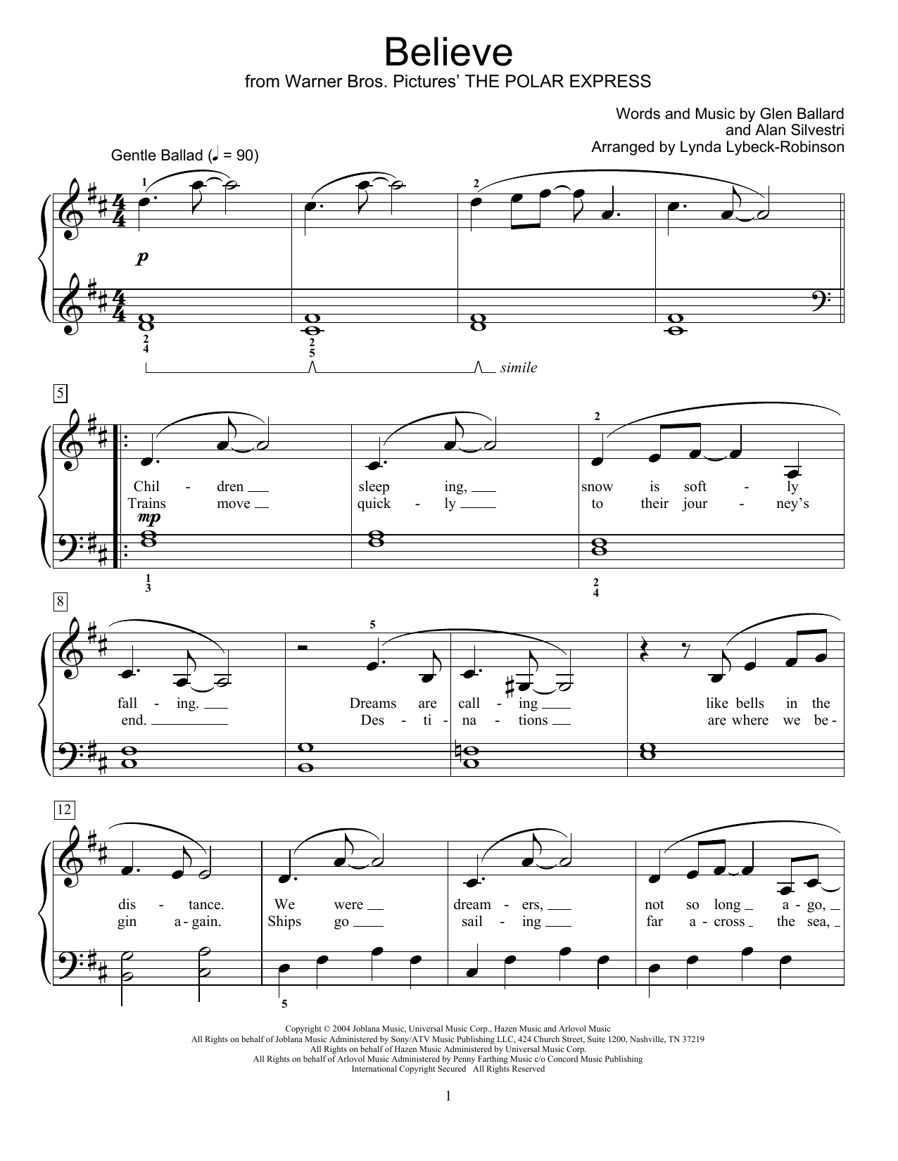 Download Josh Groban Believe (from The Polar Express) (arr. Lynda Lybeck-Robinson) Sheet Music and learn how to play Educational Piano PDF digital score in minutes