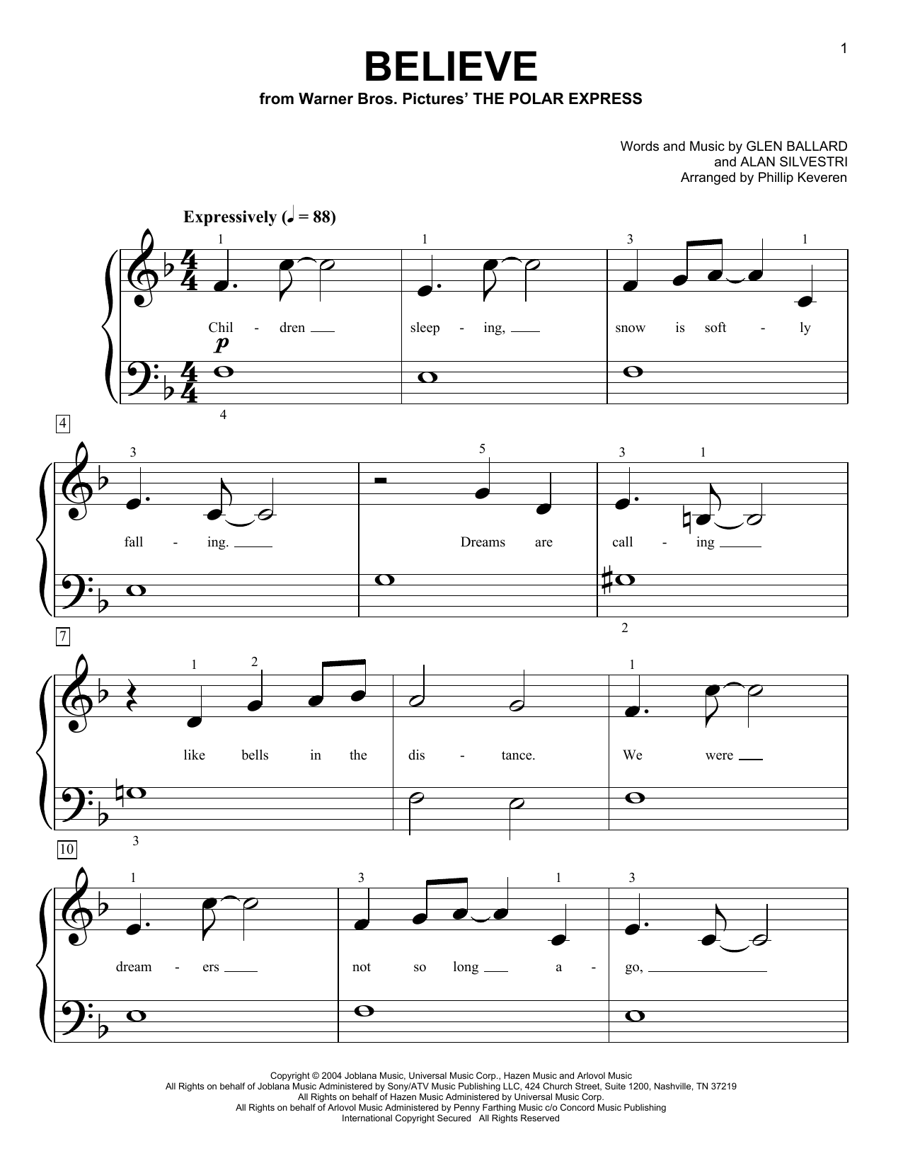 Download Josh Groban Believe (from The Polar Express) (arr. Phillip Keveren) Sheet Music and learn how to play Big Note Piano PDF digital score in minutes