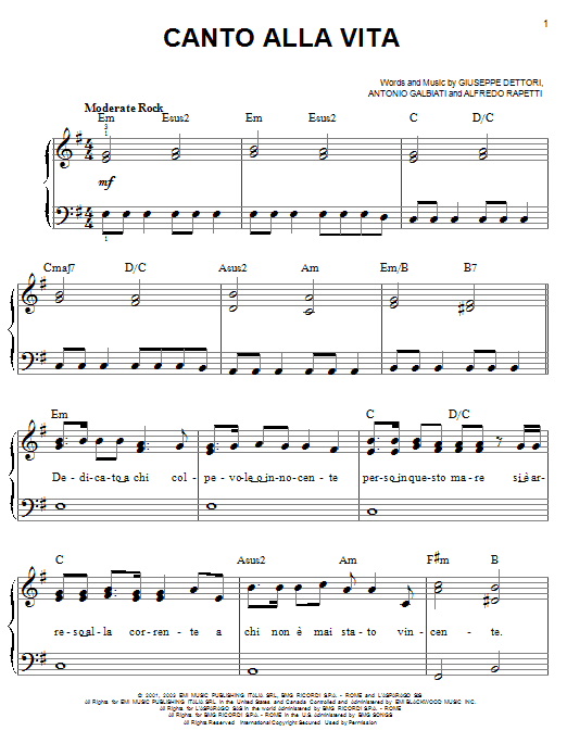 Download Josh Groban Canto Alla Vita Sheet Music and learn how to play Easy Piano PDF digital score in minutes