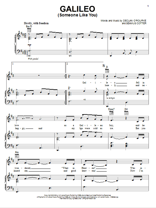 Download Josh Groban Galileo (Someone Like You) Sheet Music and learn how to play Piano, Vocal & Guitar (Right-Hand Melody) PDF digital score in minutes