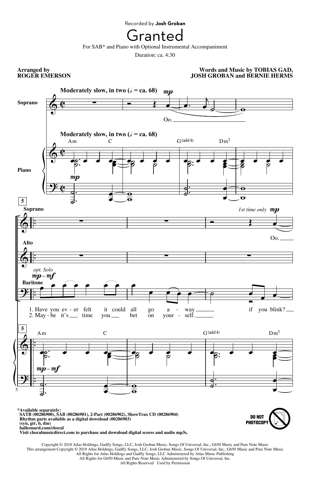Download Josh Groban Granted (arr. Roger Emerson) Sheet Music and learn how to play SAB Choir PDF digital score in minutes
