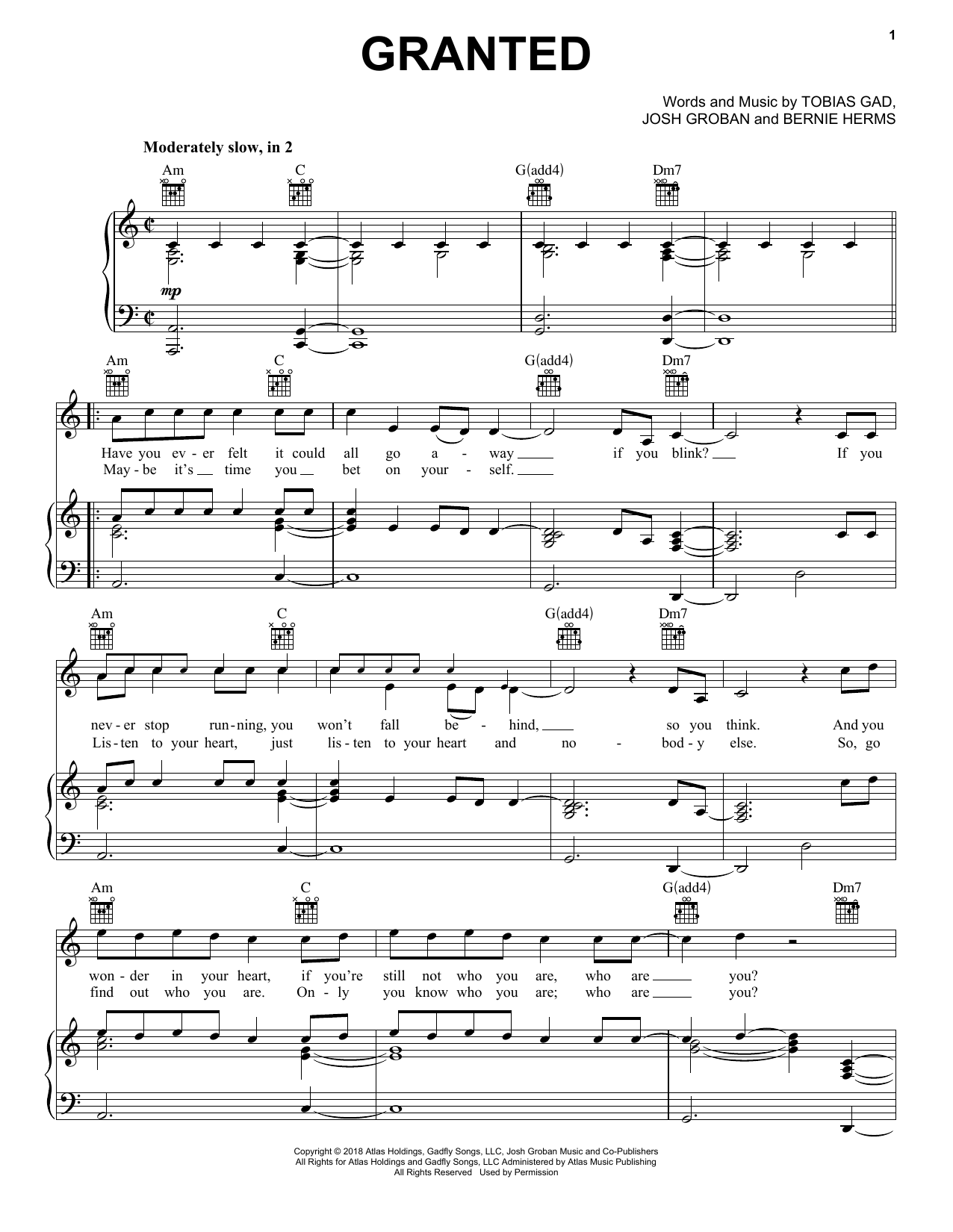 Download Josh Groban Granted Sheet Music and learn how to play Piano, Vocal & Guitar (Right-Hand Melody) PDF digital score in minutes