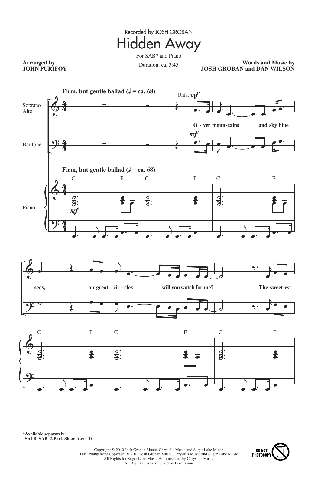 Download Josh Groban Hidden Away (arr. John Purifoy) Sheet Music and learn how to play SAB Choir PDF digital score in minutes