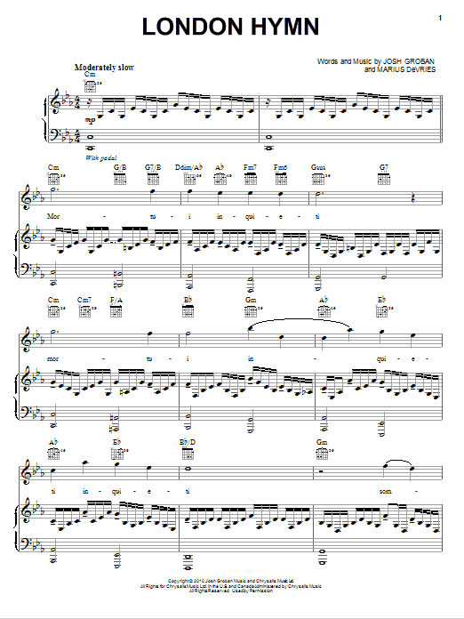 Download Josh Groban London Hymn Sheet Music and learn how to play Piano, Vocal & Guitar (Right-Hand Melody) PDF digital score in minutes