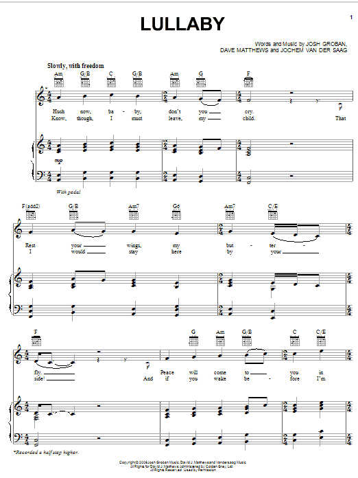 Download Josh Groban Lullaby Sheet Music and learn how to play Piano, Vocal & Guitar (Right-Hand Melody) PDF digital score in minutes