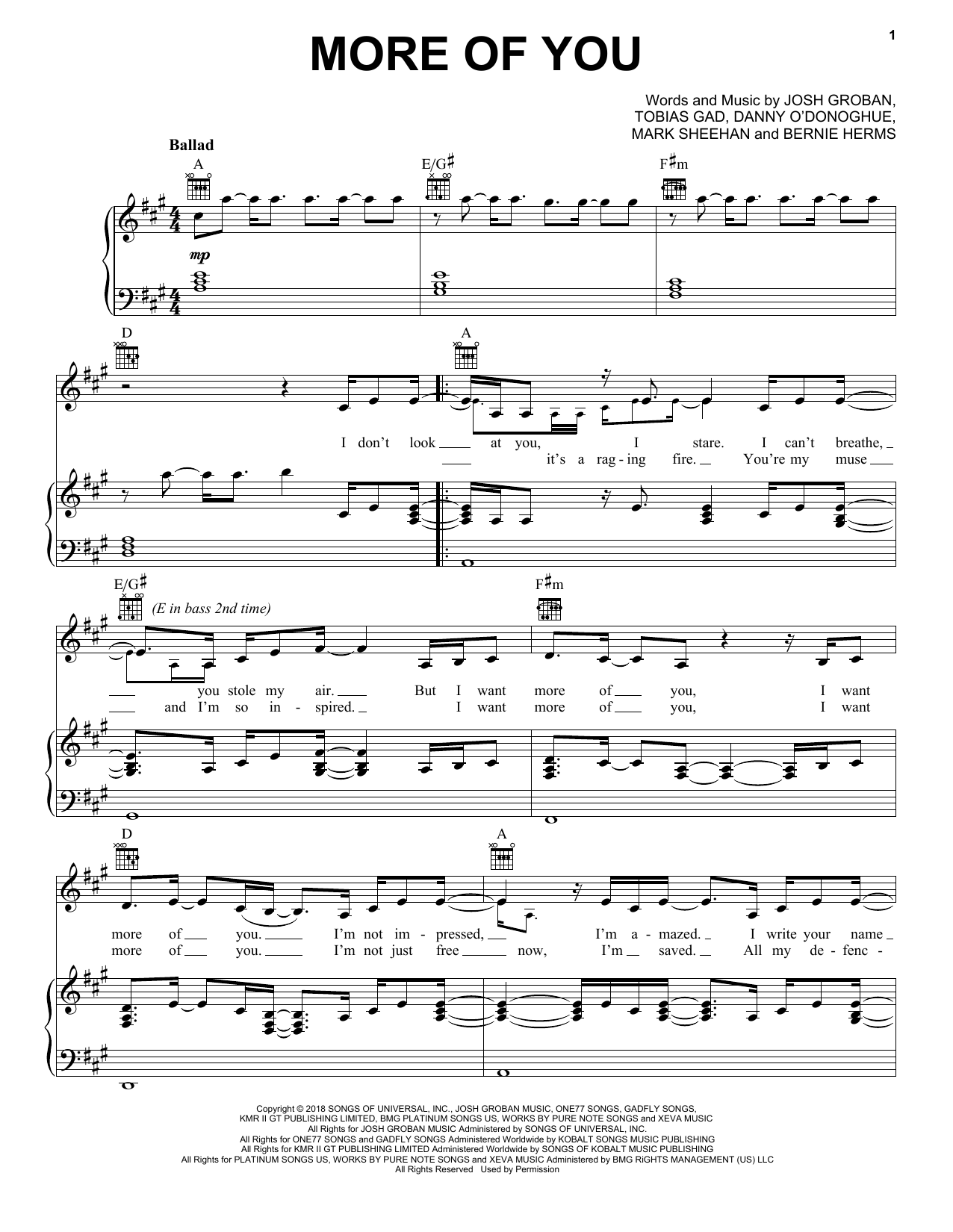 Download Josh Groban More Of You Sheet Music and learn how to play Piano, Vocal & Guitar Chords (Right-Hand Melody) PDF digital score in minutes