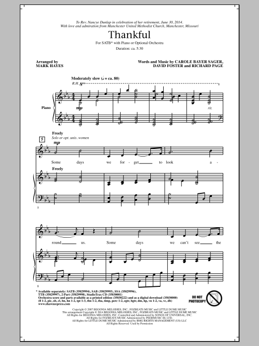 Download Josh Groban Thankful (arr. Mark Hayes) Sheet Music and learn how to play SAB PDF digital score in minutes