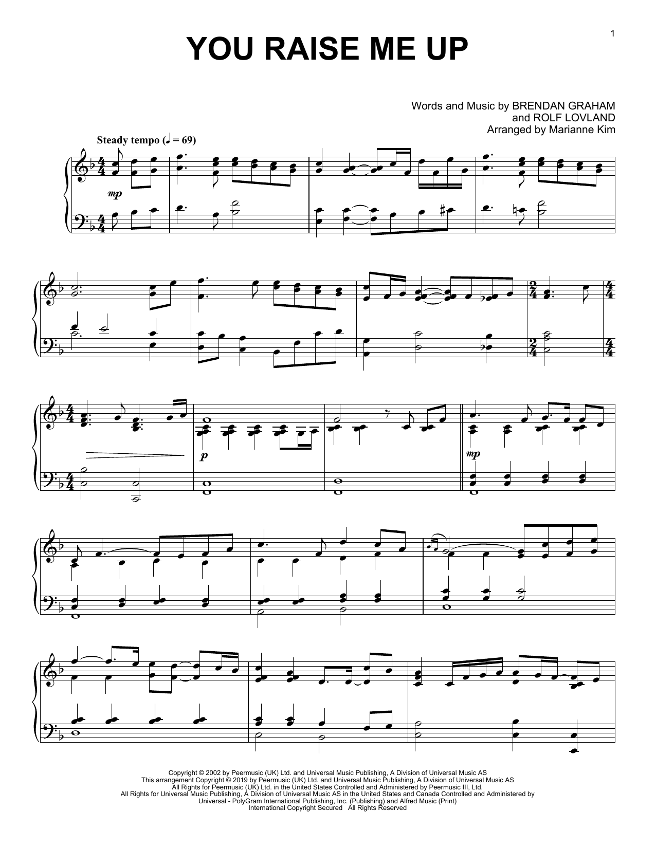 Download Josh Groban You Raise Me Up (arr. Marianne Kim) Sheet Music and learn how to play Piano Solo PDF digital score in minutes