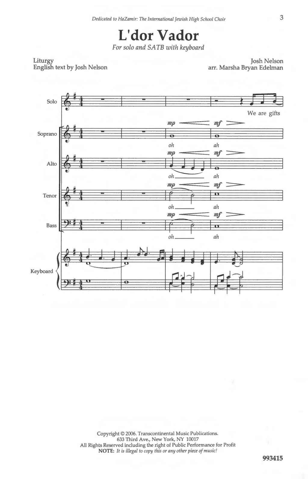 Download Josh Nelson L'dor Vador Sheet Music and learn how to play SATB Choir PDF digital score in minutes
