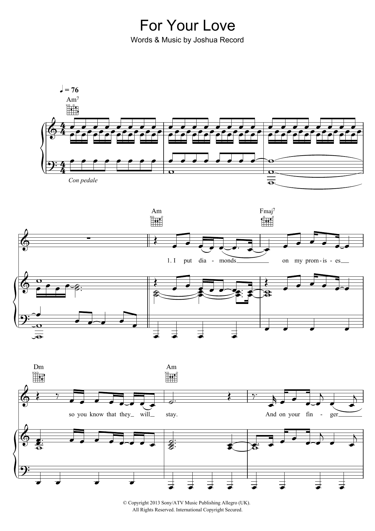 Download Josh Record For Your Love Sheet Music and learn how to play Piano, Vocal & Guitar (Right-Hand Melody) PDF digital score in minutes
