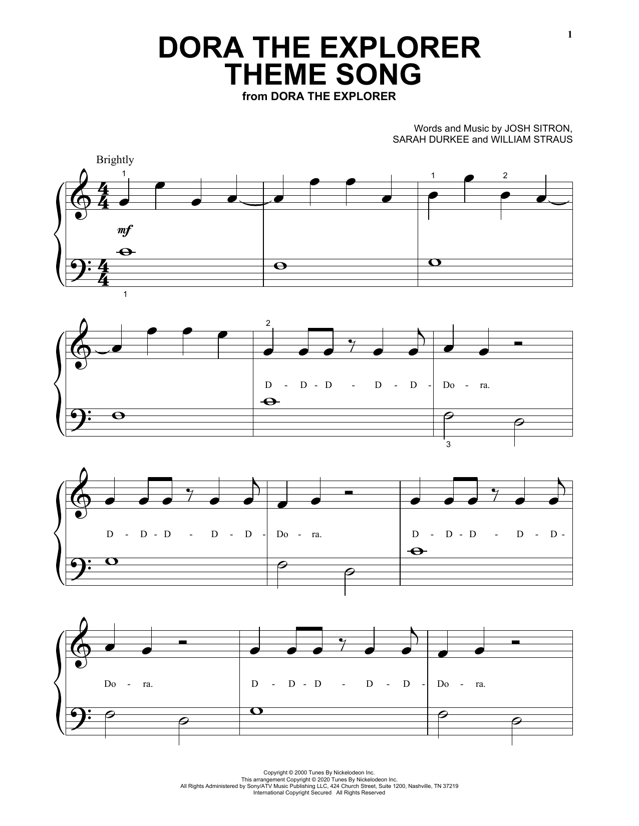 Download Josh Sitron, Sarah Durkee and William Straus Dora The Explorer Theme Song Sheet Music and learn how to play Big Note Piano PDF digital score in minutes