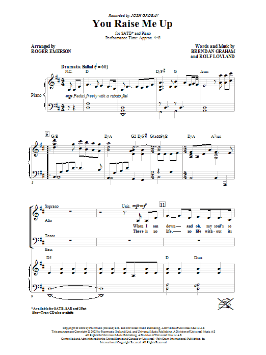 Josh Groban You Raise Me Up arr Roger Emerson Sheet Music Notes 
