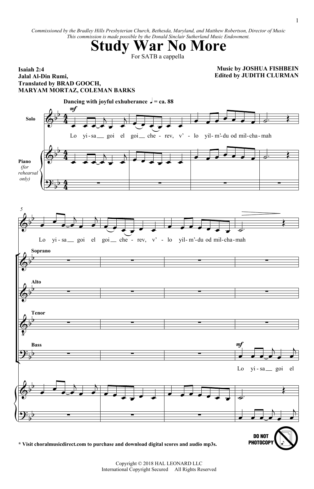 Download Joshua Fishbein Study War No More Sheet Music and learn how to play SATB Choir PDF digital score in minutes