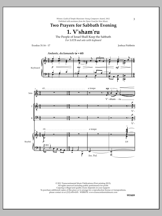 Download Joshua Fishbein Two Prayers for Sabbath Evening Sheet Music and learn how to play SATB Choir PDF digital score in minutes