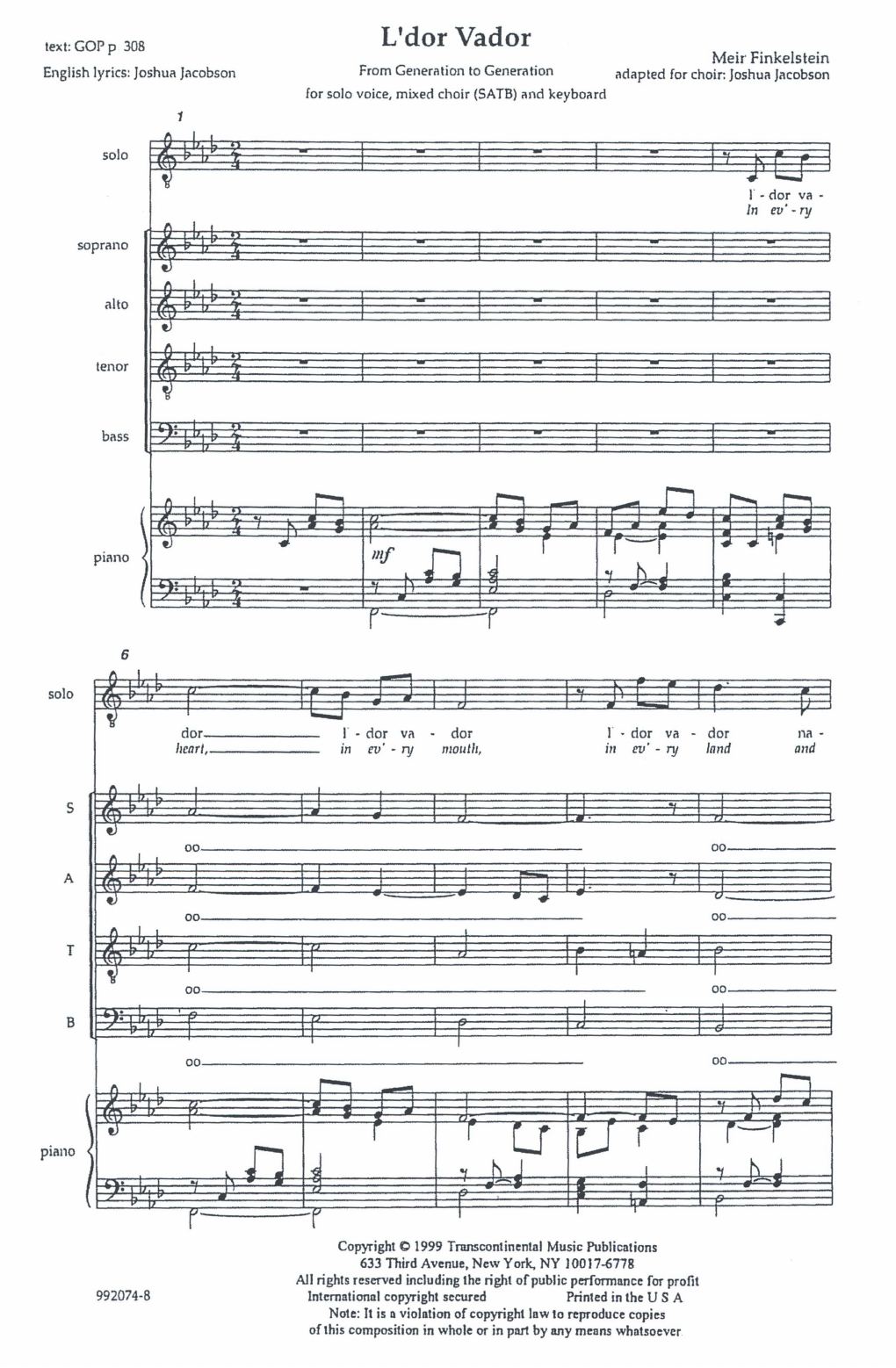 Download Joshua Jacobson L'dor Vador (from Generation To Generation) Sheet Music and learn how to play SATB Choir PDF digital score in minutes