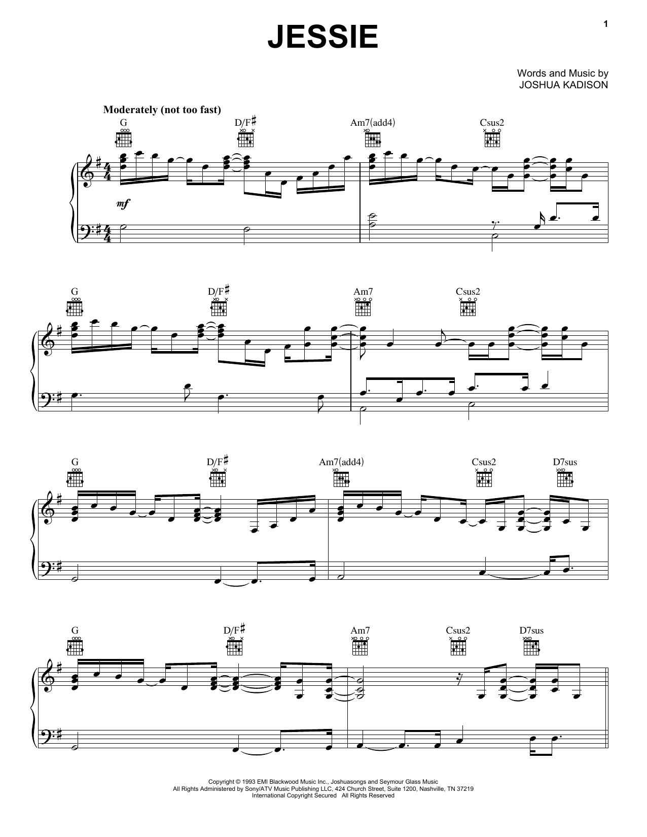Download Joshua Kadison Jessie Sheet Music and learn how to play Piano, Vocal & Guitar (Right-Hand Melody) PDF digital score in minutes