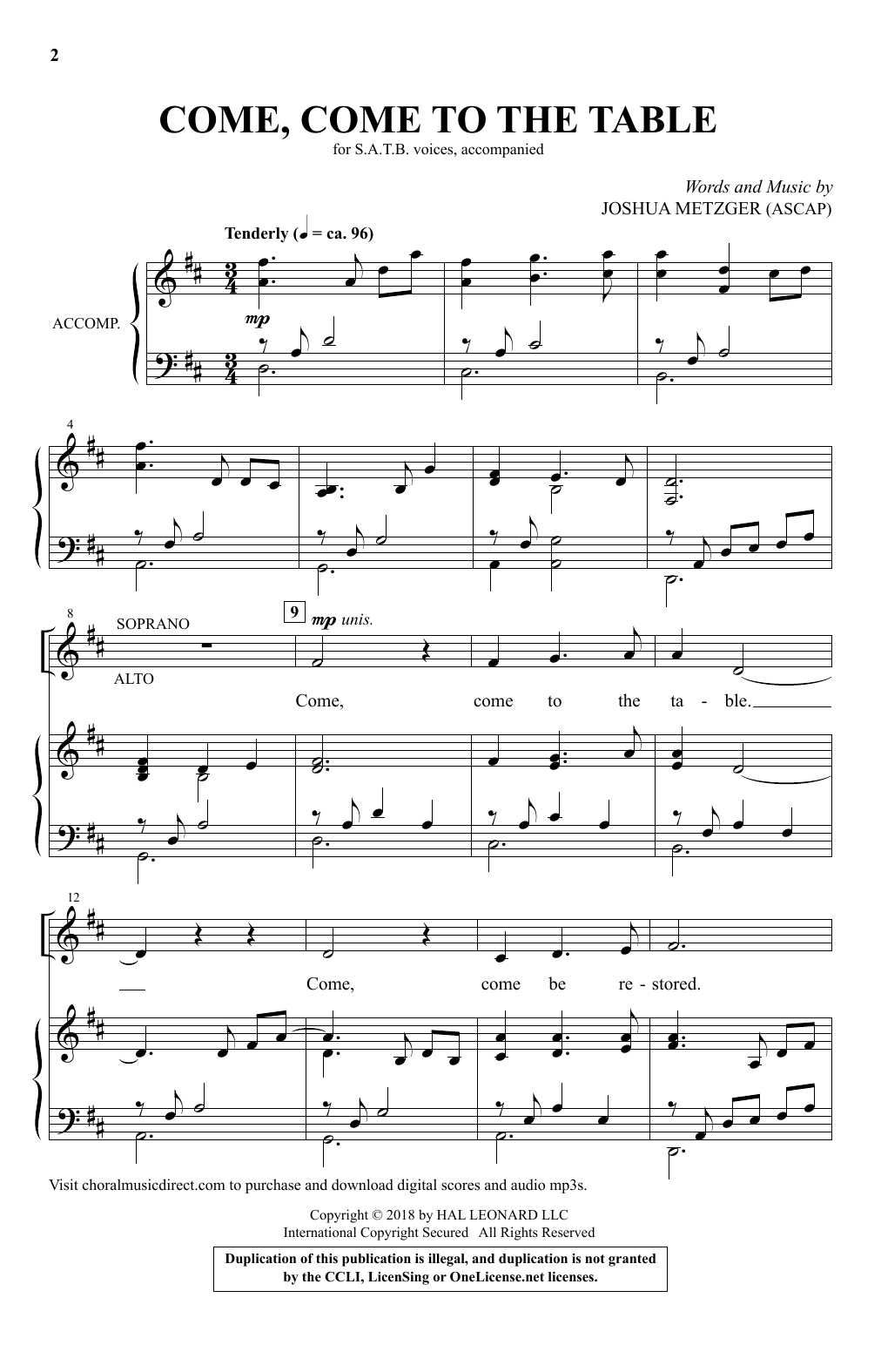 Download Joshua Metzger Come, Come To The Table Sheet Music and learn how to play SATB PDF digital score in minutes