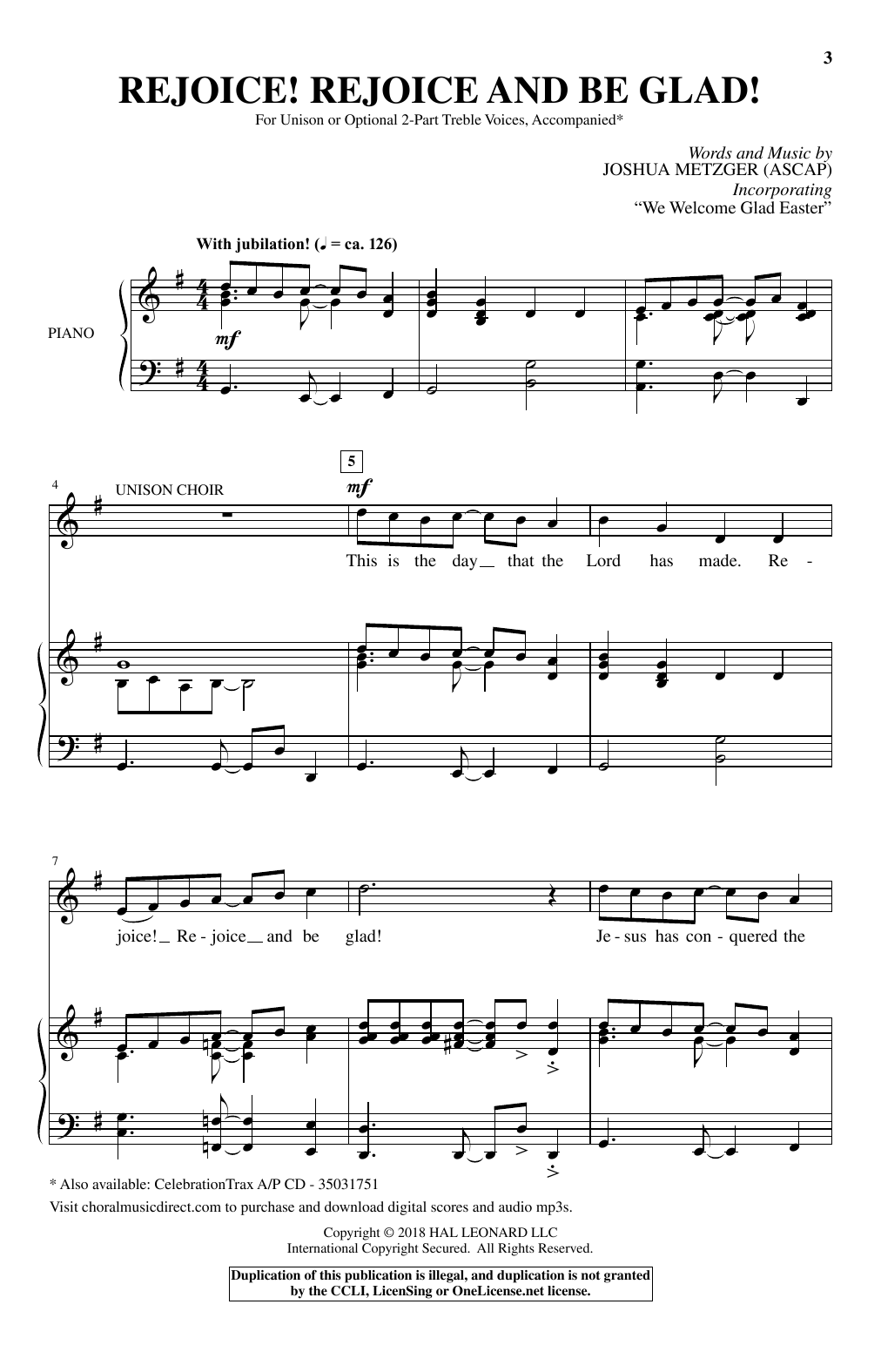 Download Joshua Metzger Rejoice! Rejoice And Be Glad! Sheet Music and learn how to play Unison Choral PDF digital score in minutes