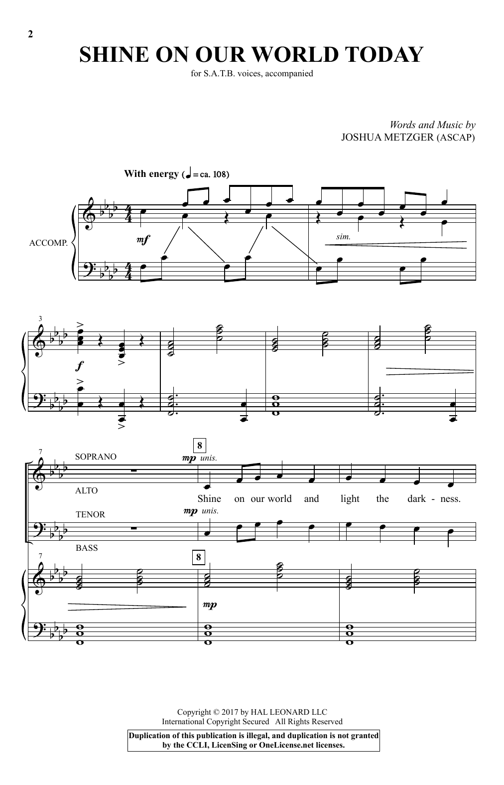 Download Joshua Metzger Shine On Our World Today Sheet Music and learn how to play SATB PDF digital score in minutes