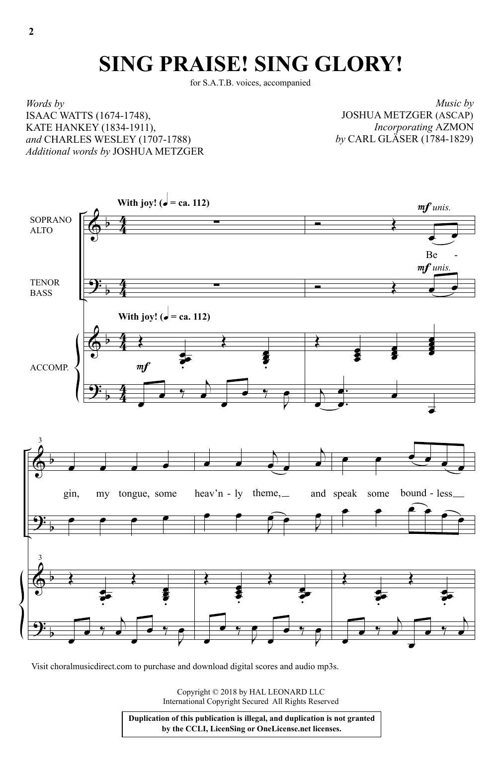 Download Joshua Metzger Sing Praise! Sing Glory! Sheet Music and learn how to play SATB Choir PDF digital score in minutes