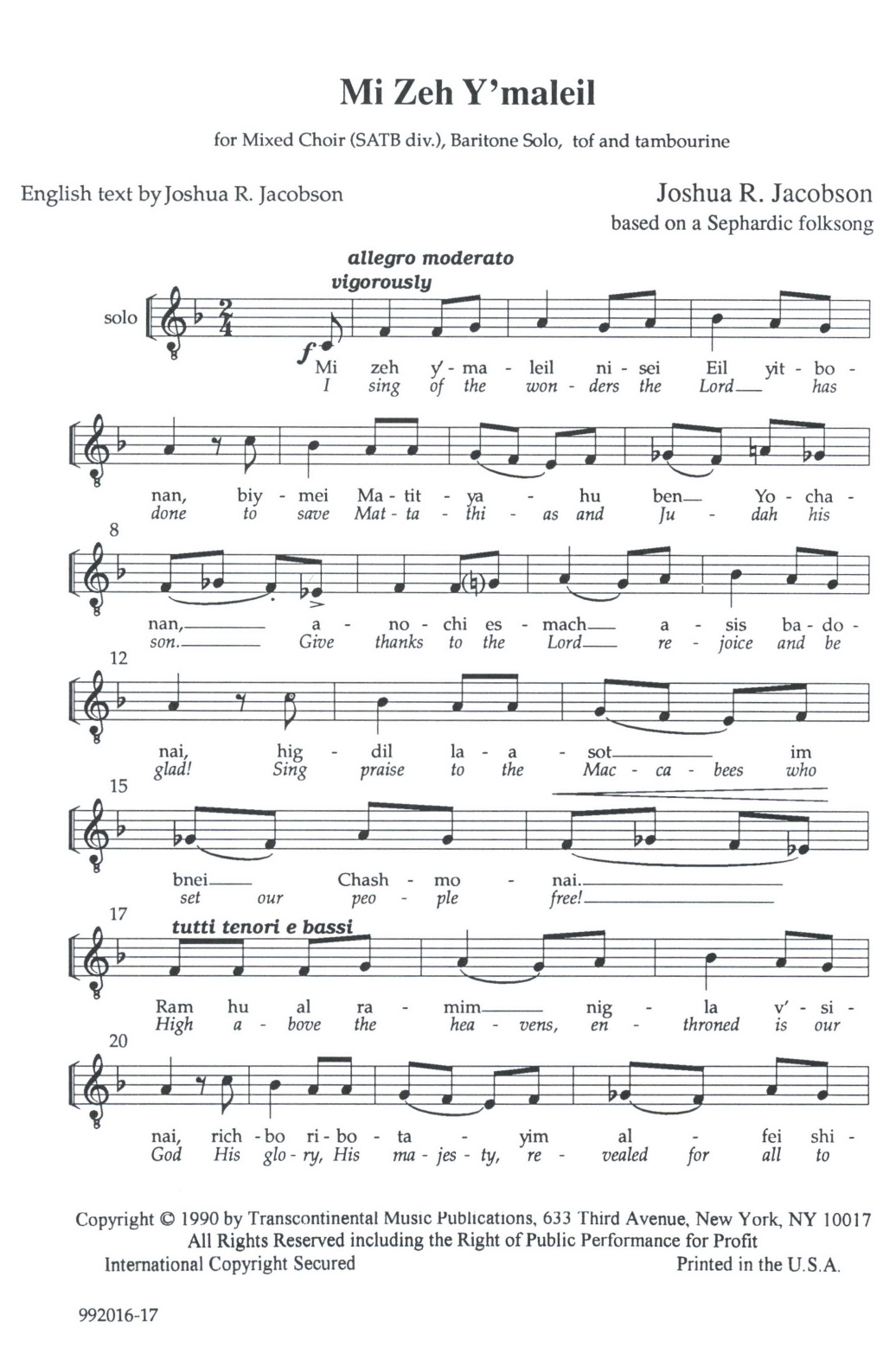 Download Joshua R. Jacobson Mi Zeh Y'maleil Sheet Music and learn how to play SATB Choir PDF digital score in minutes