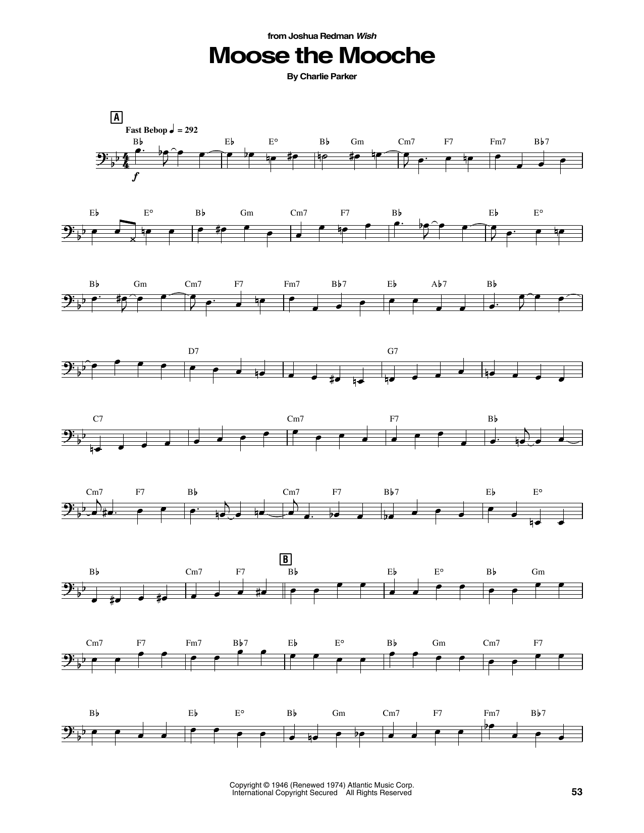 Download Joshua Redman Moose The Mooche Sheet Music and learn how to play String Bass Transcription PDF digital score in minutes