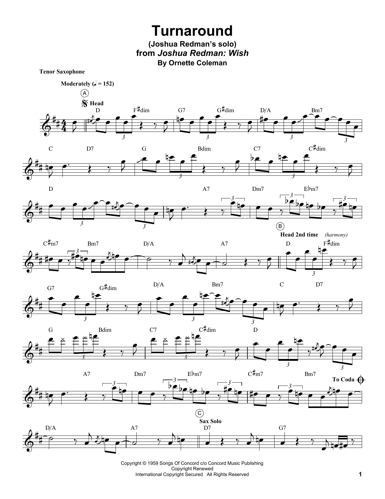 Download Joshua Redman Turnaround Sheet Music and learn how to play Tenor Sax Transcription PDF digital score in minutes