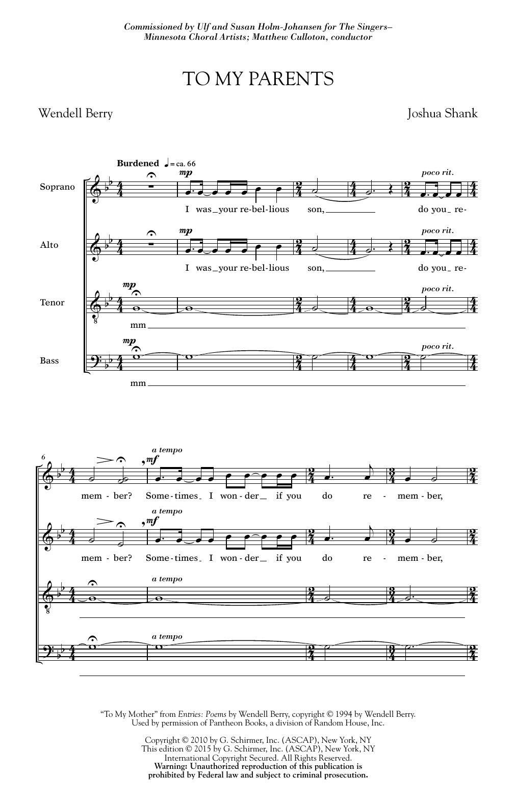 Download Joshua Shank To My Parents Sheet Music and learn how to play SATB PDF digital score in minutes