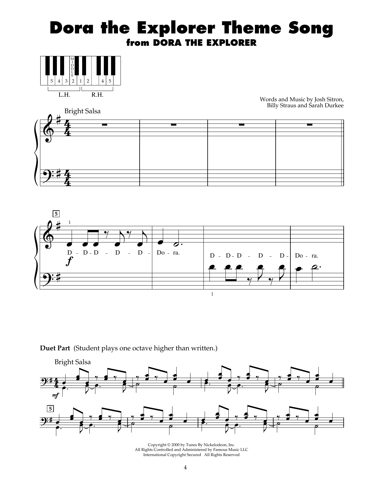 Download Joshua Sitron Dora The Explorer Theme Song Sheet Music and learn how to play 5-Finger Piano PDF digital score in minutes