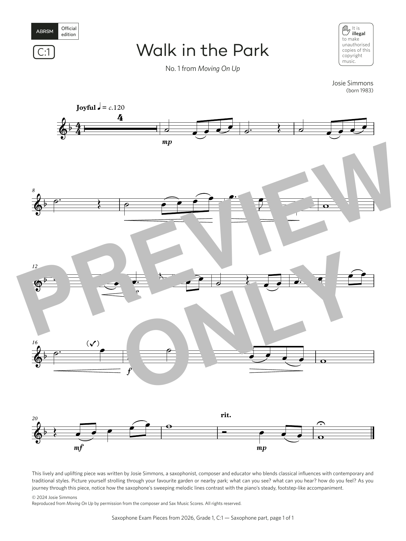 Download Josie Simmons Walk in the Park (Grade 1, list C1, from the ABRSM Saxophone Syllabus from 2026) Sheet Music and learn how to play Alto Sax Solo PDF digital score in minutes
