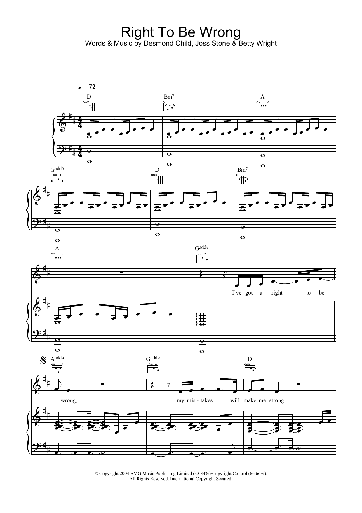 Download Joss Stone Right To Be Wrong Sheet Music and learn how to play Piano, Vocal & Guitar PDF digital score in minutes