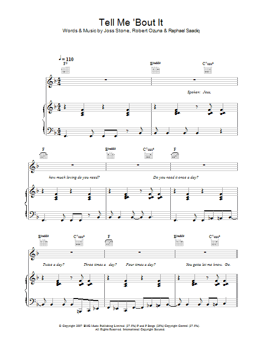 Download Joss Stone Tell Me 'Bout It Sheet Music and learn how to play Piano, Vocal & Guitar PDF digital score in minutes