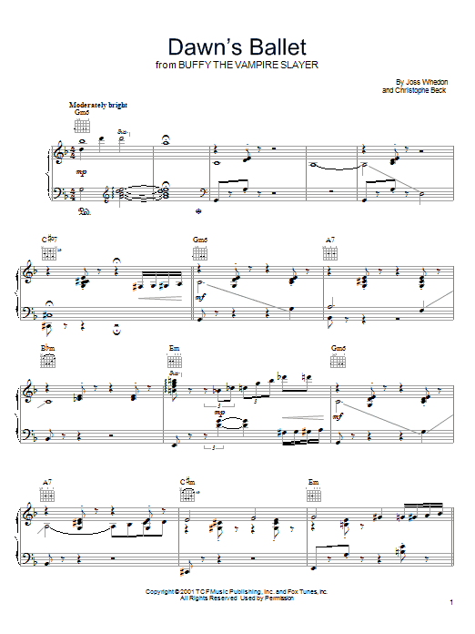 Download Joss Whedon Dawn's Ballet (from Buffy The Vampire Slayer) Sheet Music and learn how to play Piano, Vocal & Guitar (Right-Hand Melody) PDF digital score in minutes