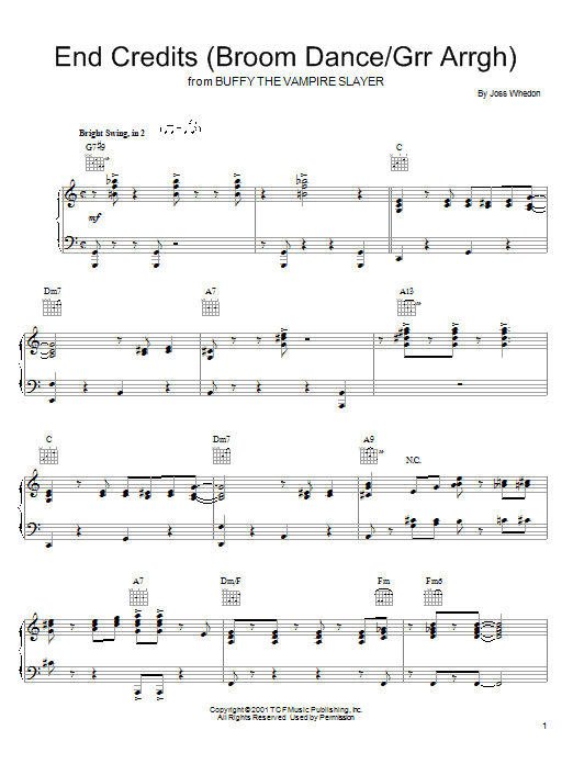 Download Joss Whedon End Credits (Broom Dance/Grr Arrgh) (from Buffy The Vampire Slayer) Sheet Music and learn how to play Piano, Vocal & Guitar (Right-Hand Melody) PDF digital score in minutes