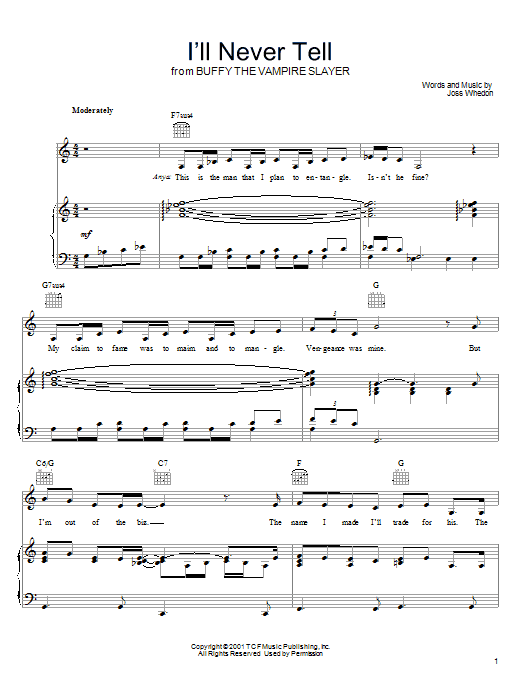 Download Joss Whedon I'll Never Tell (from Buffy The Vampire Slayer) Sheet Music and learn how to play Piano, Vocal & Guitar (Right-Hand Melody) PDF digital score in minutes