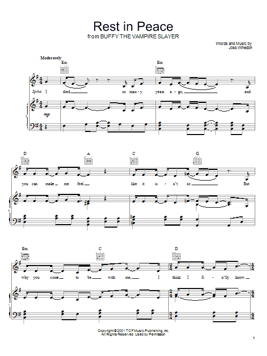 Download Joss Whedon Rest In Peace (from Buffy The Vampire Slayer) Sheet Music and learn how to play Piano, Vocal & Guitar (Right-Hand Melody) PDF digital score in minutes