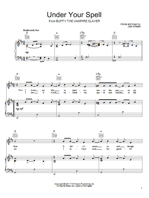 Download Joss Whedon Under Your Spell (from Buffy The Vampire Slayer) Sheet Music and learn how to play Piano, Vocal & Guitar (Right-Hand Melody) PDF digital score in minutes