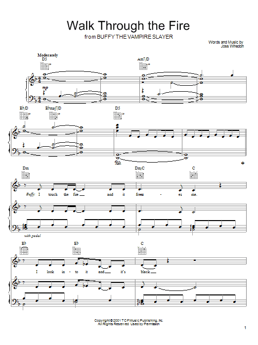 Download Joss Whedon Walk Through The Fire (from Buffy The Vampire Slayer) Sheet Music and learn how to play Piano, Vocal & Guitar (Right-Hand Melody) PDF digital score in minutes