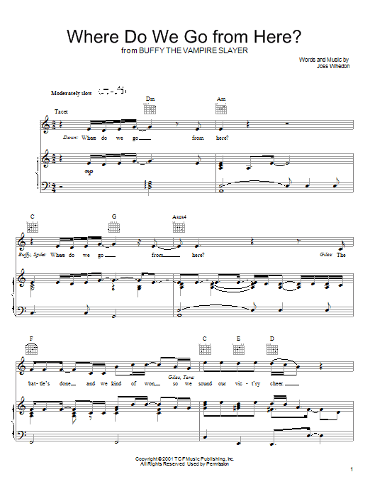 Download Joss Whedon Where Do We Go From Here? (from Buffy The Vampire Slayer) Sheet Music and learn how to play Piano, Vocal & Guitar (Right-Hand Melody) PDF digital score in minutes