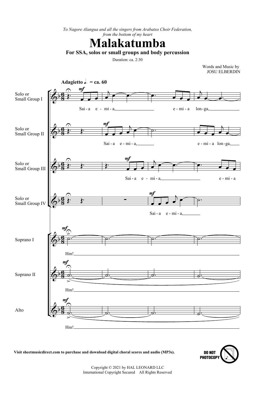 Download Josu Elberdin Malakatumba Sheet Music and learn how to play SSA Choir PDF digital score in minutes